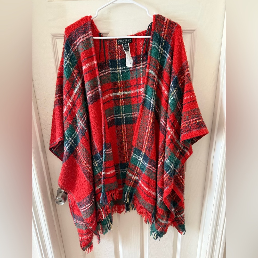 Forever 21 Red, Green, and Navy Plaid Poncho